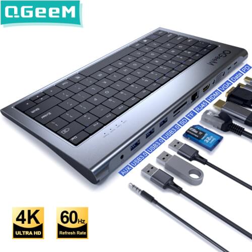 QGeeM USB C Hub for Macbook Pro Triple Display Type C Hub to Dual 4K HDMI & DP Micro SD Card Readers RJ45 Aux PD USB Hub Adapter