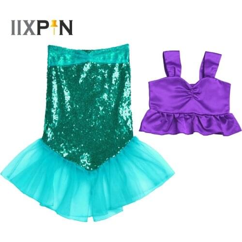 IIXPIN Kids Girls Mermaid Cosplay Cosutme Shiny Sequins Mermaid Tails Skirt Party Holiday Costume Outfits Top+Skirt Girl Clothes