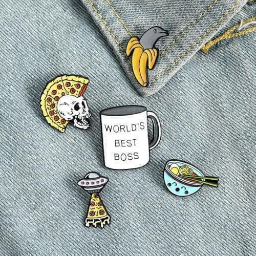 Funny Food Enamel Pins Pizza Ramen Banana Brooches Bag Lapel Pin for Clothes Badge Cartoon Fun Dog Duck Jewelry Gifts for Kids