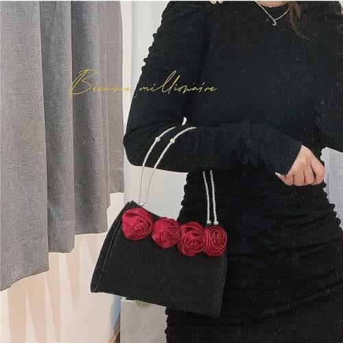 Rose Flower Handbag Women Bags Luxury Pearl Handle Dinner Bag Elegant Ladies Chain Crossbody Messenger Bag 2021 Bolsa Feminina