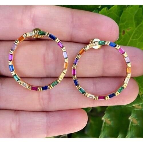 2021 Gold Color Cute Rectangle Geometric Stud Earring Paved Rainbow Colorful Mini Cz Zirconia Fashion Trendy Women Jewelry Gifts