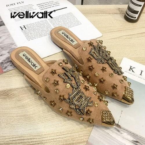 Wellwalk Women Mules Shoes Ladies Luxury Slippers Flat Pointed Toe Chinese Words Crystal Metal Decoration Female Slip On Loafers