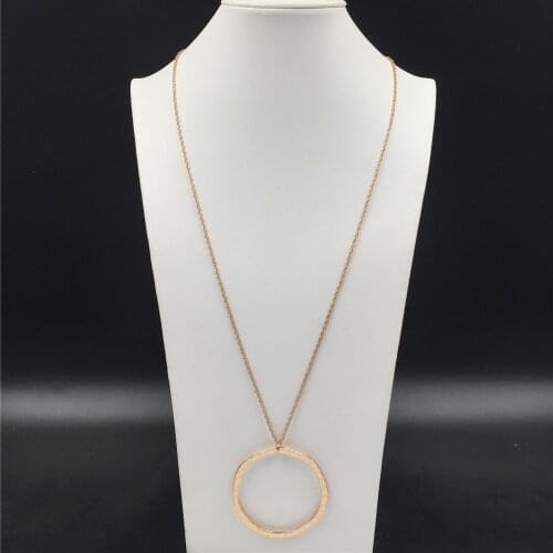 Casual Gold Color Plating Hammered Effect Big Circle Pendant Long Necklace For Women Girl Bohemia Gorgeous Trendy Jewelry Access