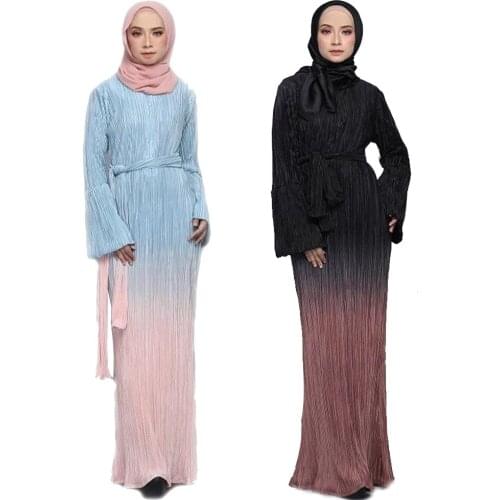Women Muslim Pleated Long Dress Gradient Color Long Flare Sleeve Abaya Kaftan Maxi Robe Arab Jilbab Gown Dubai Middle East New