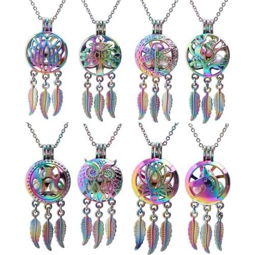 1pc Rainbow Owl Tree Wing Paw Dragonfly Lotus Flower Dream Catcher Pearl Cage Necklace Perfume Essential Oil Diffuser Jewelry