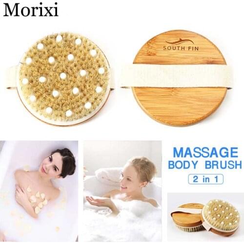 2in1 body massage brush round shape bamboo Bamboo bristle rubber massage head bath care Exfoliating Scrub tool BZ082