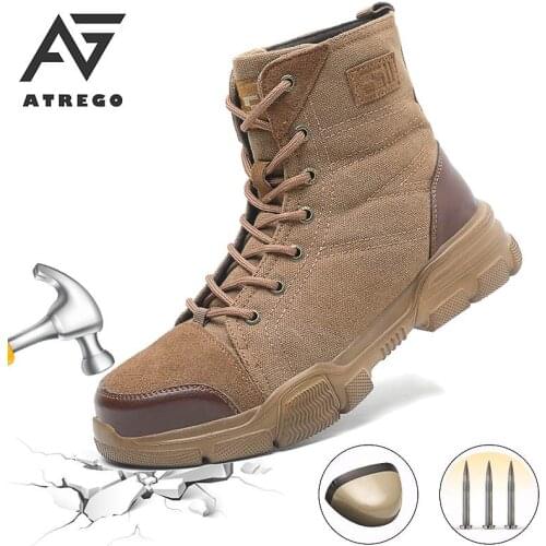 AtreGo Men High Top Steel Toe Safety Boots Lace Up Work Safety Shoes Army Combat Hiking Outdoor Anti-slip Breathable Work Shoes