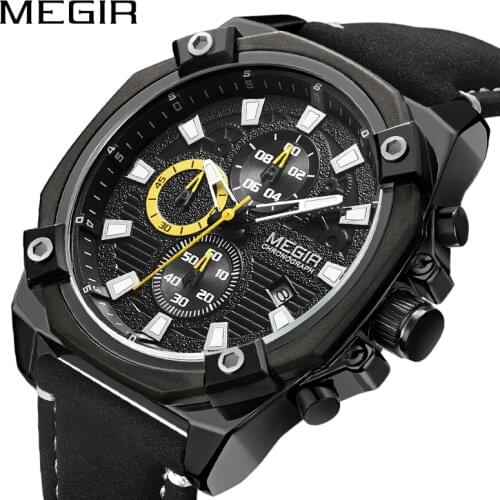 MEGIR Men Sport Watch Brand Chronograph Army Military Quartz Watches Clock Men Leather Wristwatch Reloj Hombre Relogio Masculino