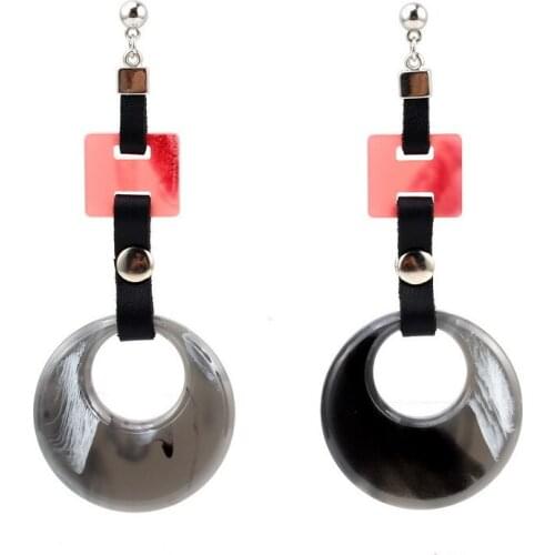 Black Resin Round Earrings Pendant Statement Long Earrings for Women Handmade New Alloy Metal Leather Dangle Drop Earrings