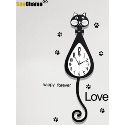 Creative personality children wall clock cartoon cat clock bedroom study mute when modern clock Cute cat quartz clock LB41120