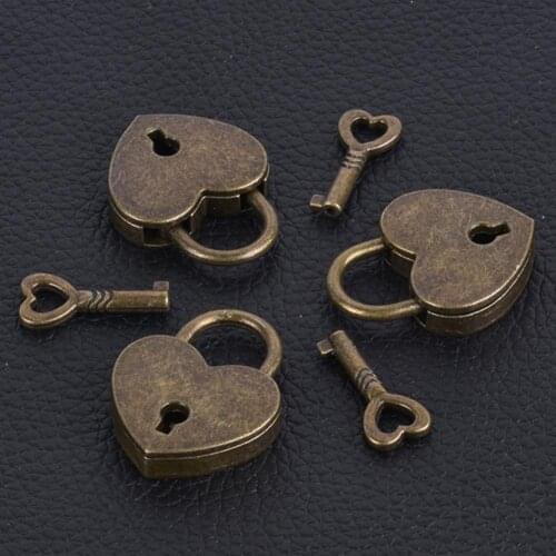 Hot Sale!!! 1/3Packs Vintage Heart Shape Locks Mini Padlock Bag Travel Suitcase Luggage Box Case Key Lock Hardware Set