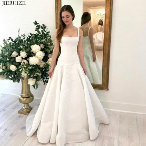 JIERUIZE White Satin Simple Wedding Dresses Straps Cheap Bride Dresses Lace up back Wedding Gowns