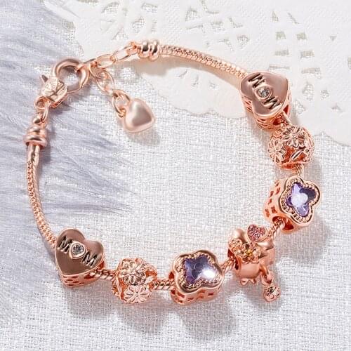 Clover purple beaded bracelet female hollow flower with crystal zircon Pandora charm bracelet February 14 Valentines Day gift