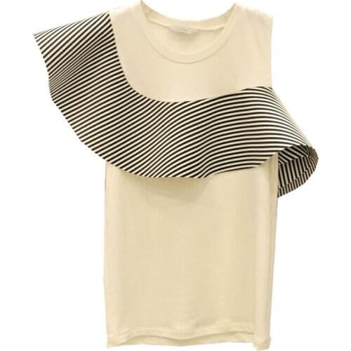 Summer Ruffles Patchwork Design Woman Tshirts Chic Off-the-shoulder O-neck T Shirt 2021 Korean New Women Fashion Tops