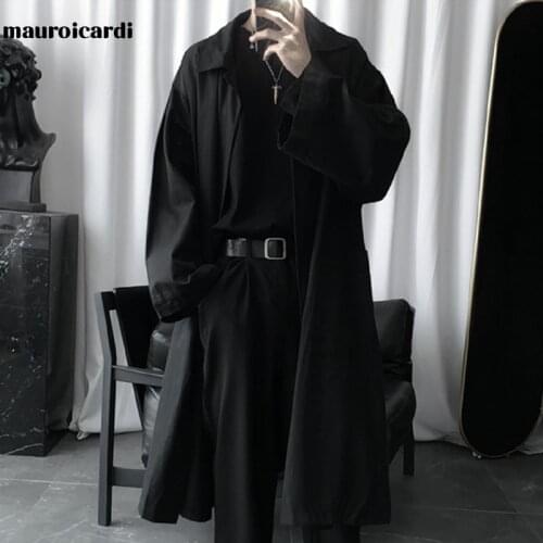Mauroicardi Autumn Long Black Oversized Trench Coat Men Long Sleeve Loose Dark Academia Aesthetic Fashion without Buttons 2021