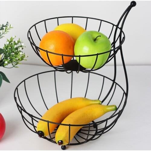 Iron Art Basket Round Bowl Shaped Double-Layer Fruit Vegetable Basket Woven Iron Wire Hollow Desktop Storage Tray