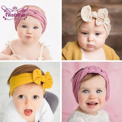 Nishine 2pcs/set Toddler Soft Comfortable Elastic Nylon Hairband Solid Color Handmade Bows Infant Headband Clothing Decoration