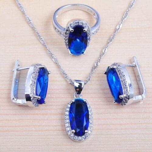 2020 New Blue Crystal Zirconia Jewelry Sets Womens Wedding Silver Color Necklace And Earrings Ring Set Fast Ship QZ0167