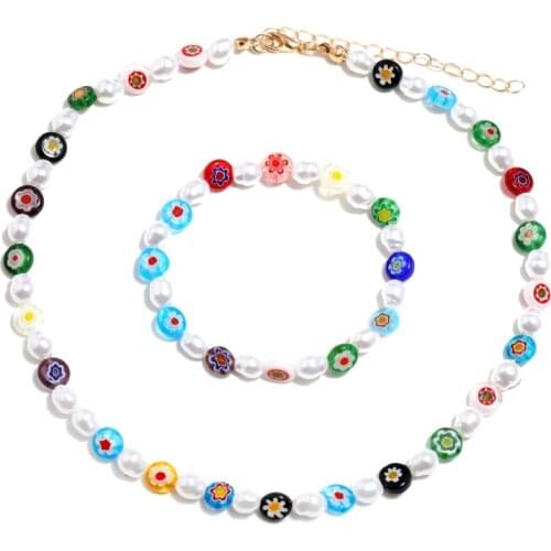 Bohemia Transparent Irregular Flowers Colorful Bead Pearl Pendant Metal Chain Necklace for Women Girls Vacation Jewelry
