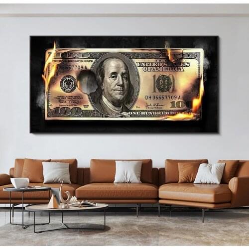 Modern Art Burning 100 Dollar Poster Picture Canvas Painting Inspirational Posters Prints Wall Pictures Living Room Wall Decor