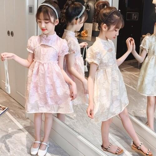 Teen Girls Pearl Cheongsam Dresses New Fashion Short Sleeve Sweet Korean Kids Party Costume Summer Elegant Clothes 4 To 14Years