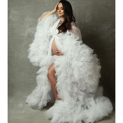 Luxury Ruffles White Maternity Gowns Photo Shoot Custom Made Tulle Maternity Robe Women Prom Gowns Fluffy Formal Party Dress