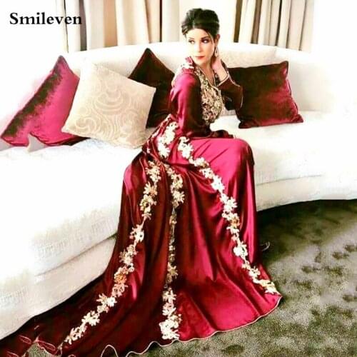 Smileven Satin Moroccan caftan Evening Dresses Gold V Neck Lace Arabic Muslim Special Occasion Dress Evening Party Gowns Outfit