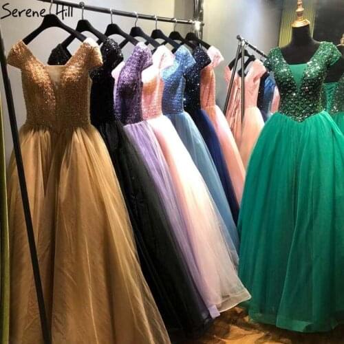 Serene Hill Green A-Line Cap Sleeves Tulle Evening Dress 2021 Design Beading Sparkle Sexy Formal Party Wear Gown CLA70488