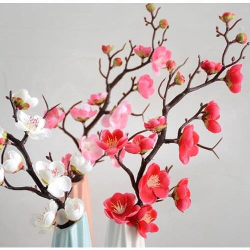 Plum Cherry Blossoms Silk Artificial Flowers Plastic Stem Sakura Tree Branch Home Table Decor Wedding Decoration Wreath SN3016