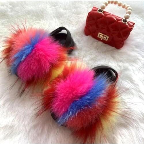 Kids Fur Slippers Jelly Bag Set Toddler Fur Slides with Strap Girl Real Fluffy Fur Flip Flops Baby Rainbow Fur Shoes Pearl Purse