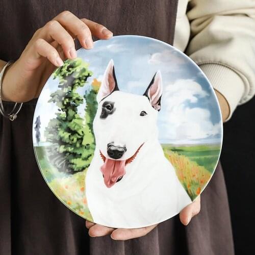 High Quality Bone China Bull Terrier Plate Unique Table Wall Ornaments Decorative Dog Platter Cake Dish Creative Gift Home Decor