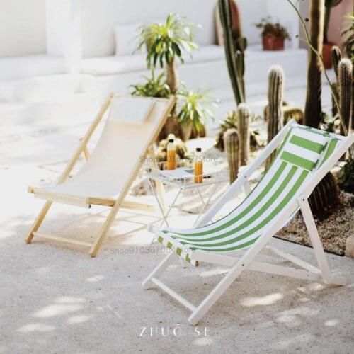 Solid Wood Beach Chair Lazy Lunch Break Folding Deck Chair Vacation Ins Wind Balcony Lounge Chair