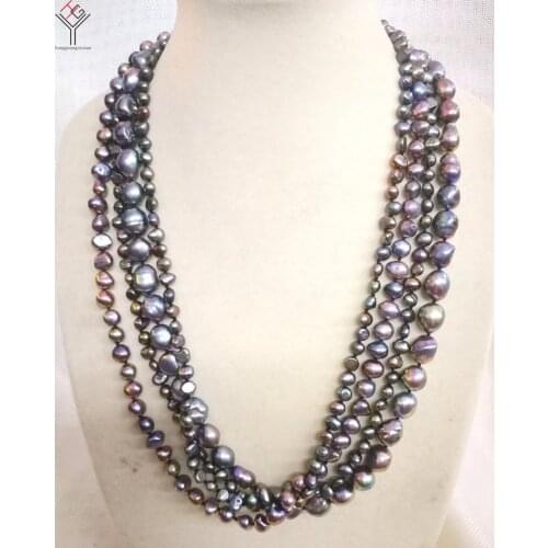 Women fashion Jewelry 4 Rows Necklace 6-13mm black brown colors natural pearl baroque freshwater pearl