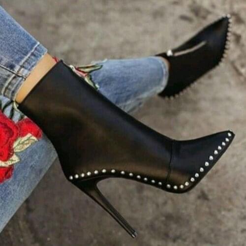 Women White Boots Rivet High Heels Women Ankle Boots 2019 New Arrival Autumn Pointed Toe Sexy Motorcycle boots Females Shoes42
