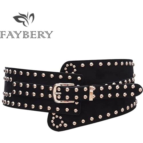 2020 Punk Style Rivet Wide Belts for Women High Quality PU Leather Female Strap for Beach Dresses Accessories Metal Pin Buckle