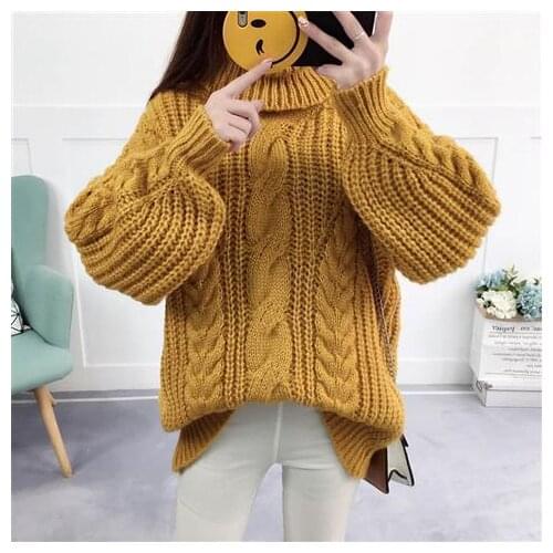 Female Retro Turtleneckl Knitted Pullover Sweater Woman Lantern Sleeve Casual Loose Harajuku Lazy Warm Sweater Top Autumn Winter