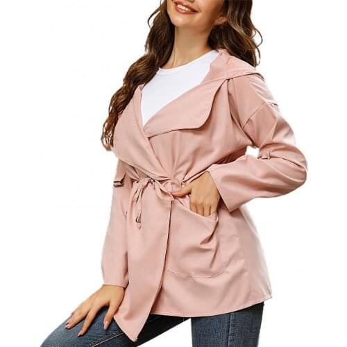 Women Hood Coat Lapel Collar Waist Drawstring Autumn Winter Solid Color Long Sleeve Ladies Casual Trench
