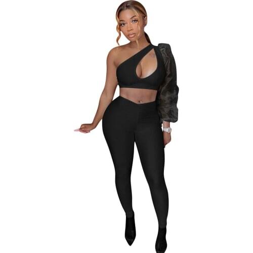 2021 European and American Womens Casual Fashion Solid Color See-Through Puff Sleeve Strapless Two-Piece Womens Clothing