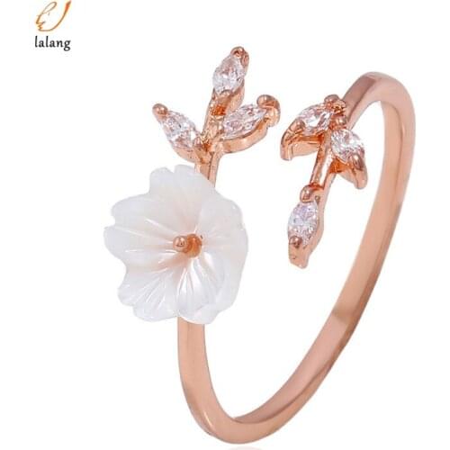 Delicate Zircon Leaf Shell Flower Adjustable Ring For Women Ladies Girls Rose Gold Color Finger Bague Jewellry Gift