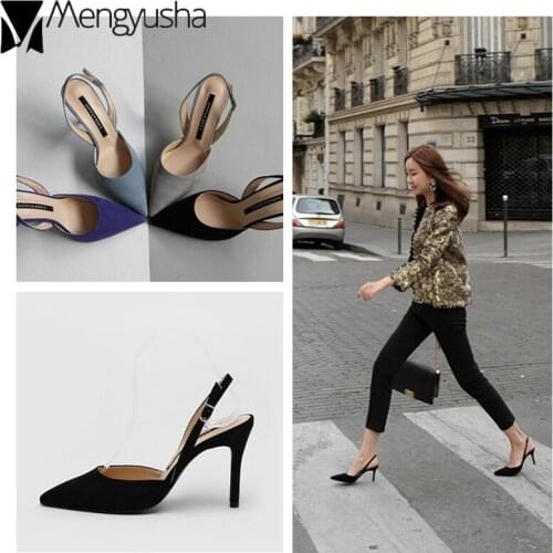 Thin high heels slingback summer sandals pointed toe shallow flock women shoes sexy ladies korean femme sandalias mujer 2019 hot