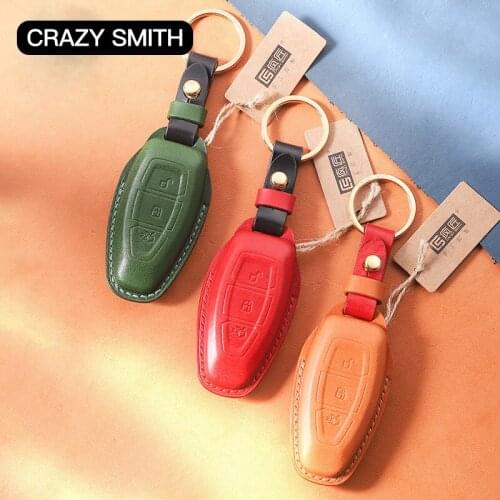 Crazy Smith Smart Car Key Case Cover for Ford Vegetable Tanned Leather High Quality Handmade Crafts and Gift Black Red Green