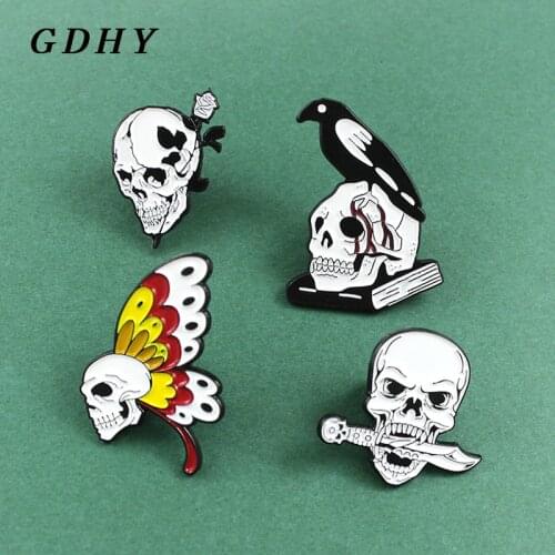 GDHY Skull skeleton brooch Skeleton Butterfly Skull Rose Knife Crow Book Love Death Badges Black White Skull Halloween Jewelry