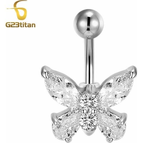 G23titan Hypoallergenic Piercing for Navel Crystal Butterfly Titanium Bar Belly Piercing Dangle Body Jewelry