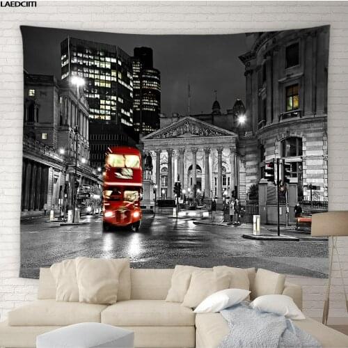 London City Scenery Tapestry Retro Red Bus Telephone Box Bridge Building Background Wall Hanging Living Room Bedroom Home Decor
