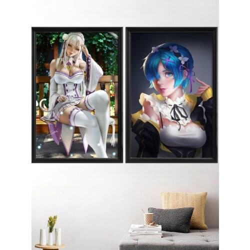 Kawaii Rem Re Zero Cartoon Anime Art-Poster Wall Decoration Silk Home Prints Custom Living-Bedroom Canvas Picture