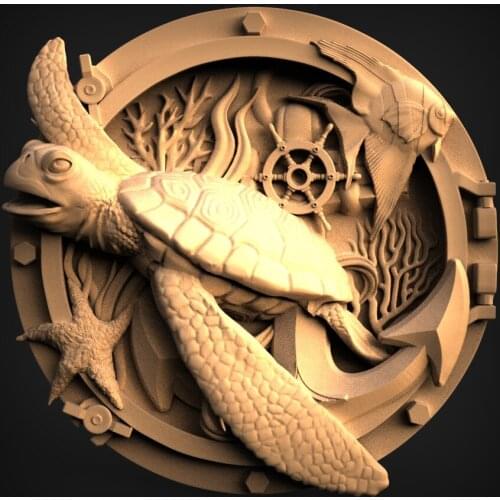 Sea turtle 3d model relief STL for cnc router carving and engraving 3d printer artcam aspire -round decorative panel