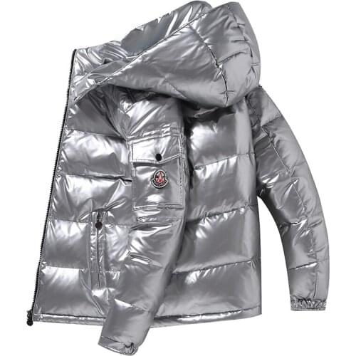 M-3XL) Mens Bright Overcoat Overwear White Eiderdown Down Jacket Winter Youth Thick Hood Korean Style Red Silver Black Clothes