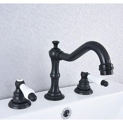 Black Oil Rubbed Brass 2 Ceramic Handle Deck-Mount 3 Hole Widespread Bathroom Lavatory Vessel Basin Faucet Sink Mixer Tap dsf542