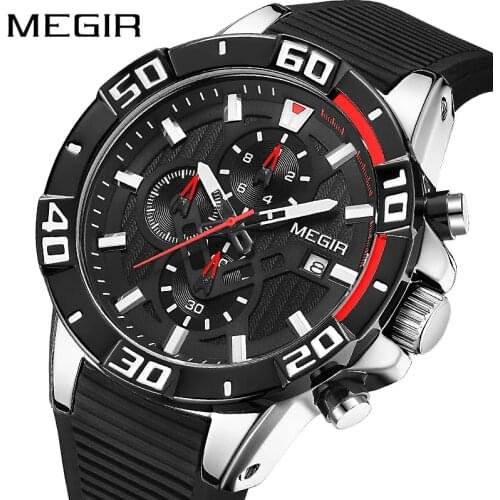 MEGIR New Waterproof Luminous Sports Multifunctional Chronograph Silicone Quartz Mens Calendar Watches Relogio Masculino 2121G