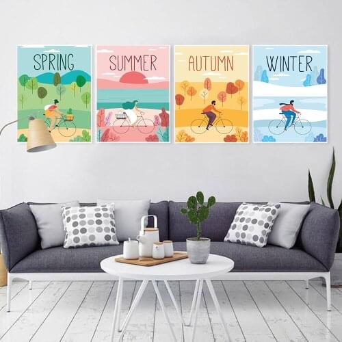 Fashion Color Seasons Wall Art Print Spring Summer Autumn Winter Cycling Bike Travel Canvas Painting Poster Home Decor Picture